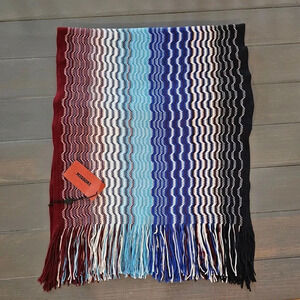 Missoni Knit Zigzag Scarf Italian Made Wool Blend Blue multi color Fringe scarf